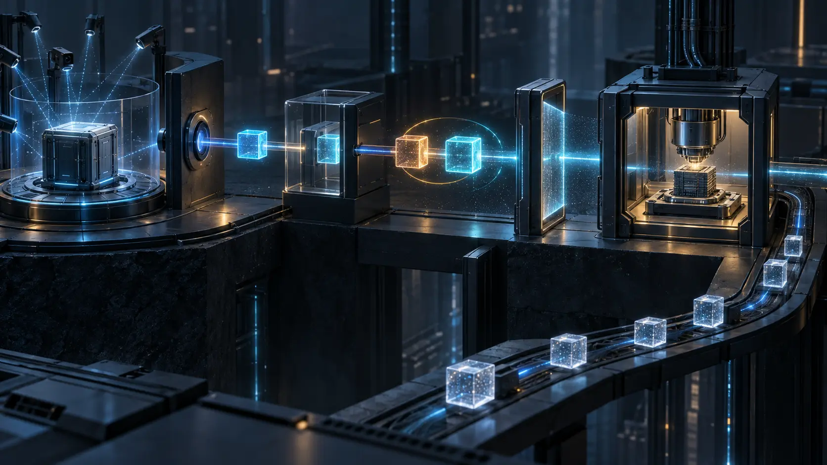 A platform observes an isolated workload while distinct cyan and amber credential stages cross separate gates toward an execution chamber and returning receipt blocks.