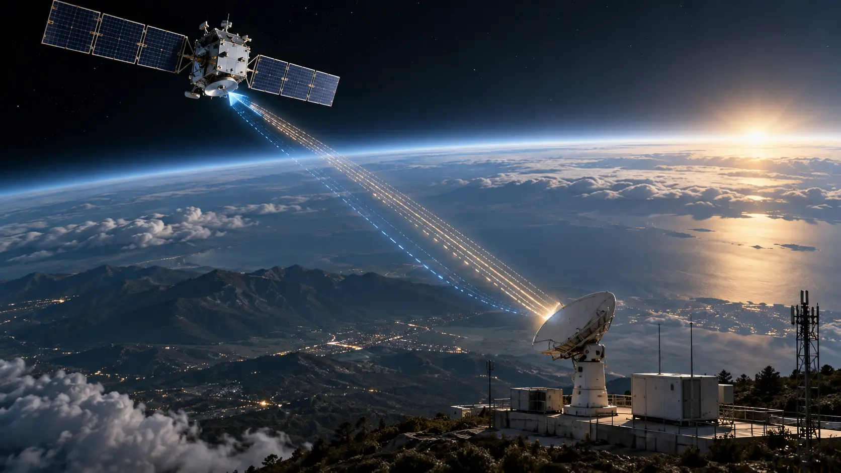 Editorial illustration of a satellite establishing a 5G mmWave link with a ground station