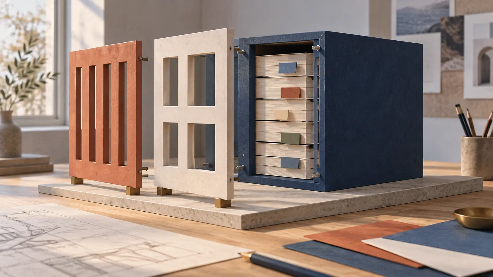 Terracotta and ivory facade panels stand beside a dark blue archive containing cream folios with blank colored tabs