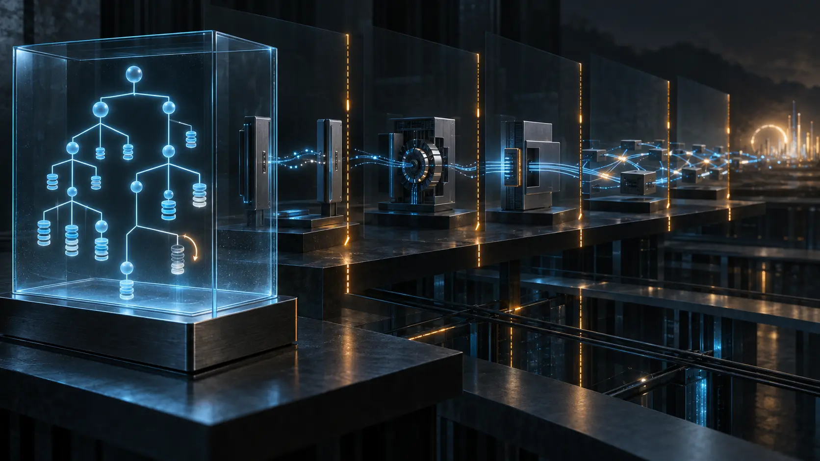 A complete luminous data tree stands in a glass chamber, separated by amber seams from PCEP exchange, controller decision, device application, forwarding and service layers.