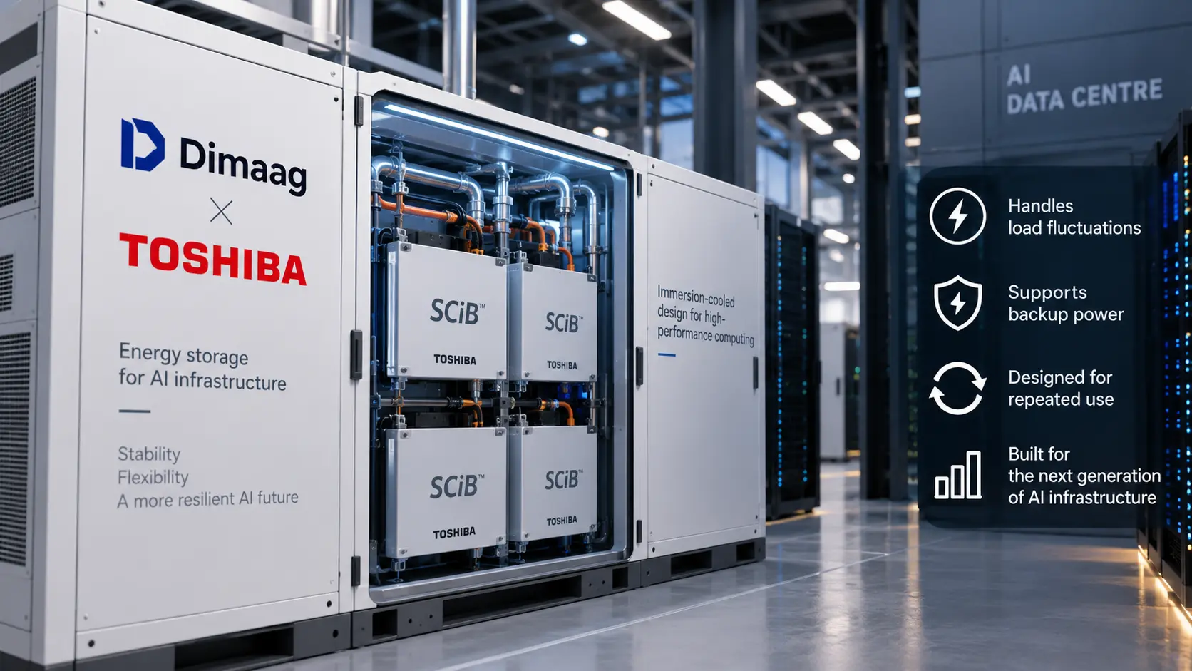 Editorial illustration of a Dimaag and Toshiba battery storage system inside an AI data centre, showing SCiB battery modules and immersion-cooling equipment.