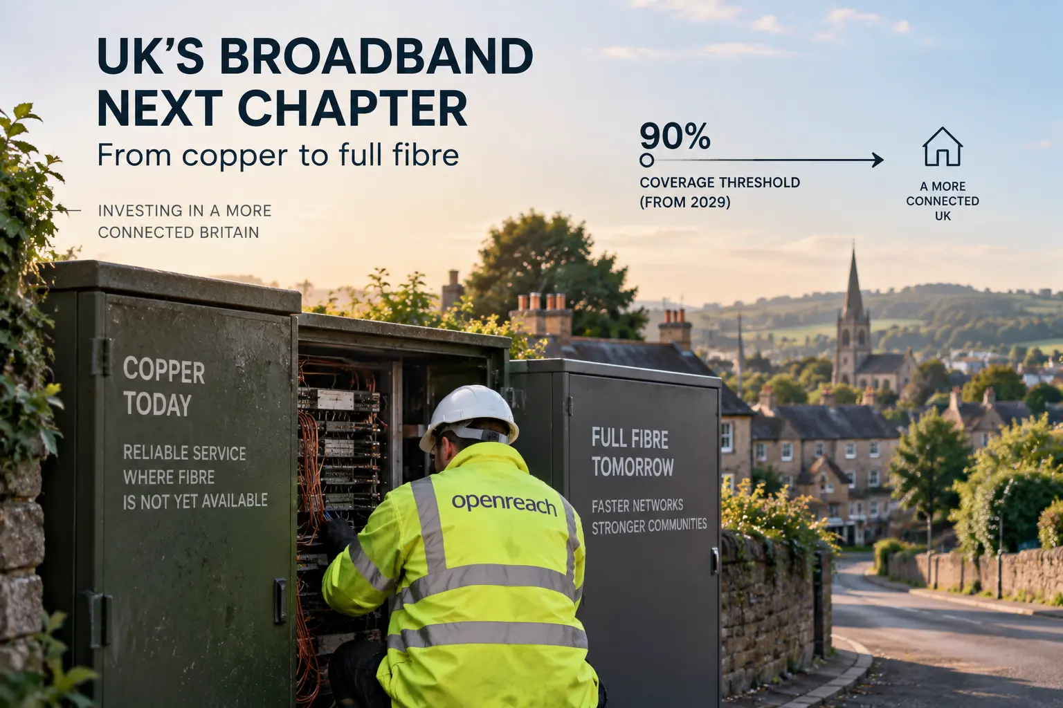 AI-generated editorial illustration of an Openreach engineer working beside copper and full-fibre network cabinets in a UK town