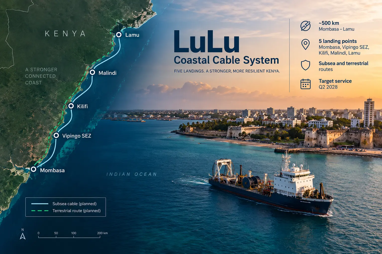 AI-generated illustration of the planned LuLu cable route along Kenya's coast, showing Mombasa, Vipingo, Kilifi, Malindi and Lamu.