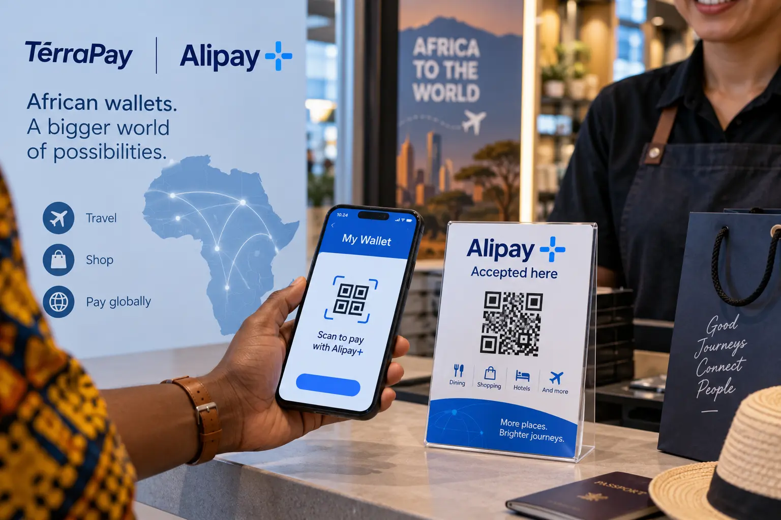 AI-generated editorial illustration of a customer using a digital wallet to scan an Alipay+ QR code at a merchant checkout
