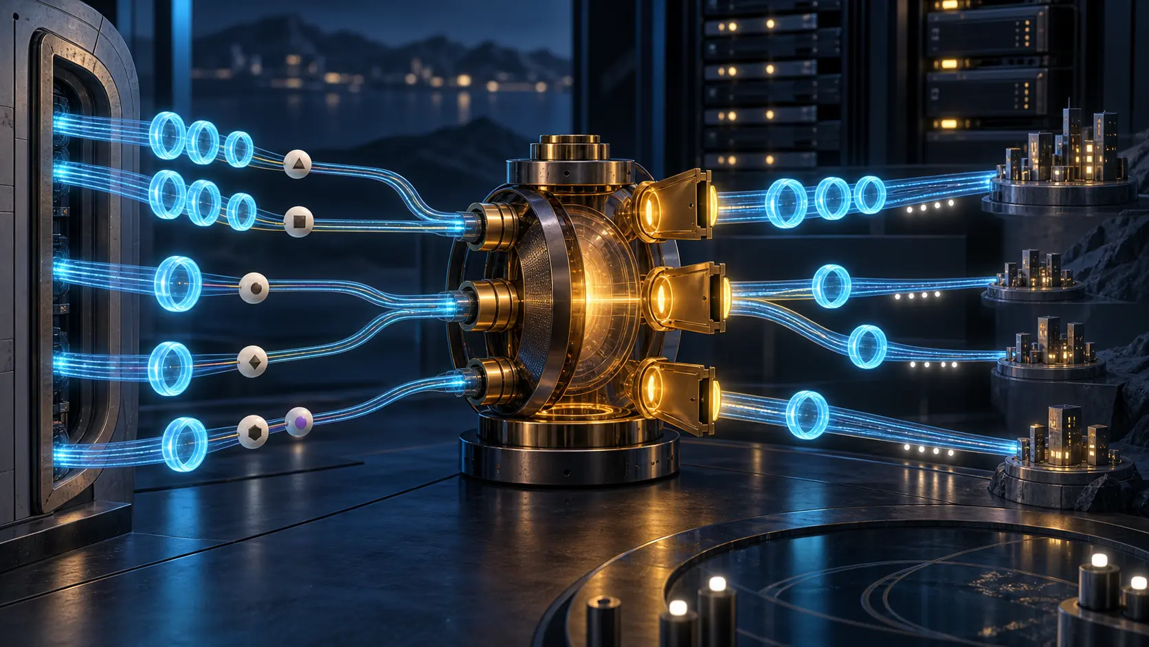 Luminous multicast rings and separate receiver identity tokens enter a brass root mechanism that opens distinct outgoing gates for unique mappings.