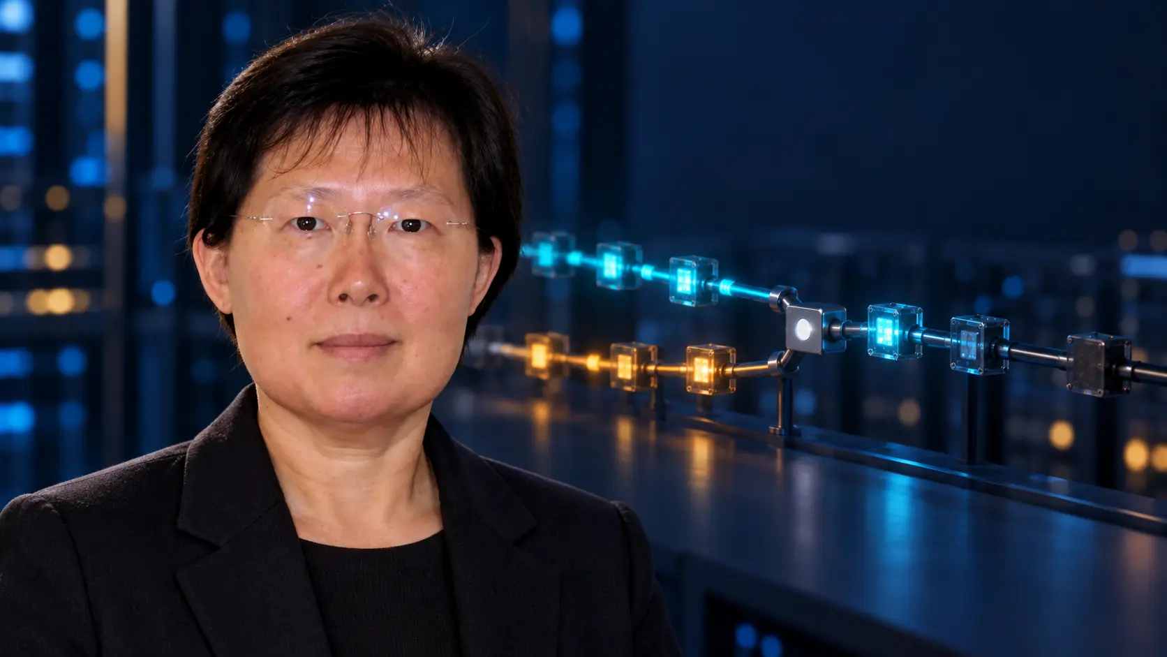 AI editorial portrait of Lixia Zhang beside separate downstream and upstream RSVP signals, with one refresh-dependent state module fading after updates stop