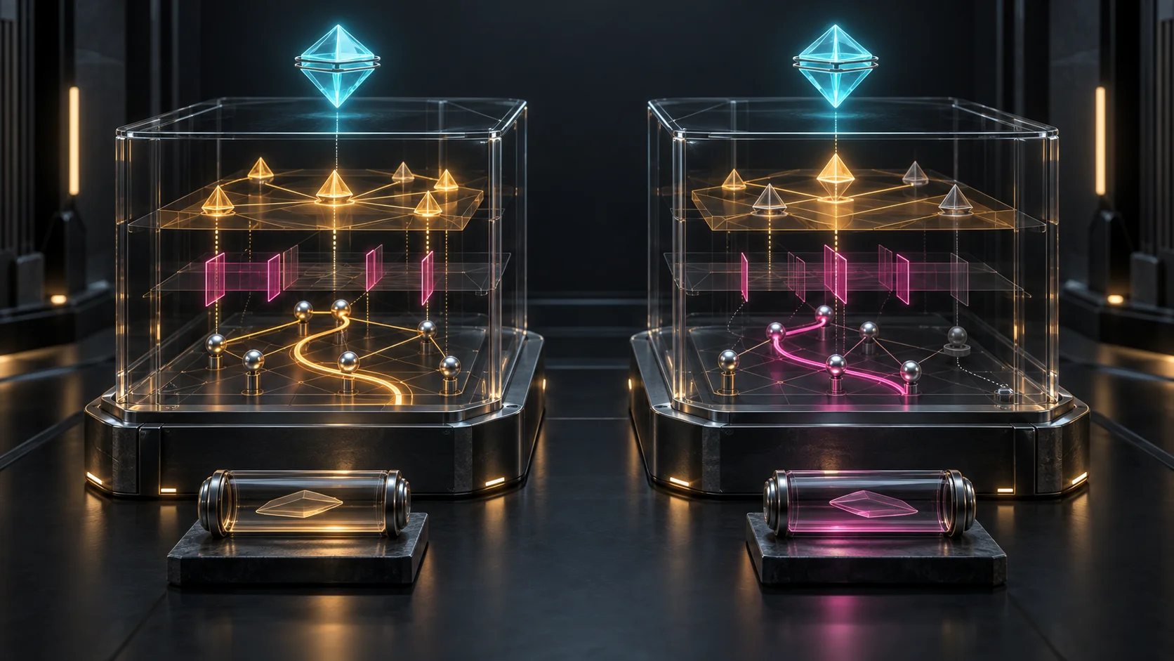 Two identical cyan algorithm tokens resolve into different amber and magenta routing-policy chambers, each paired with a sealed evidence capsule.