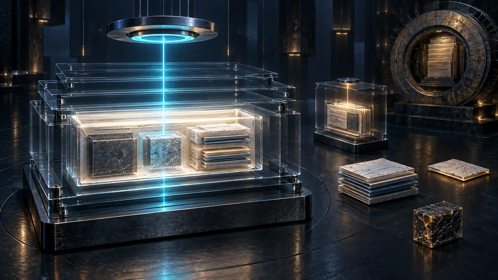 A cyan status aperture illuminates only one contiguous glass message envelope while a forwarded capsule, detached attachments and an aging archive ring remain separate.