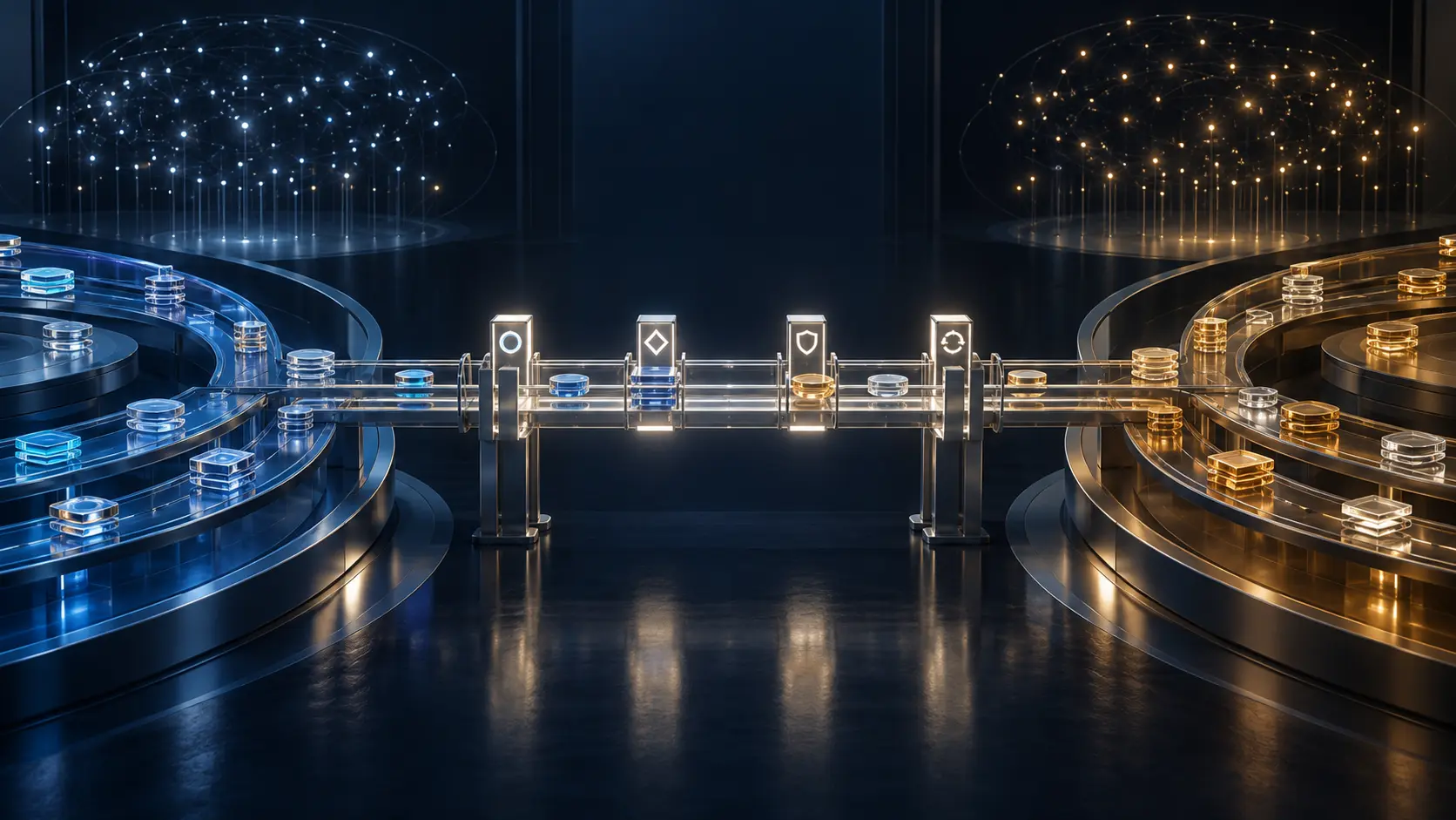 Separate cobalt and amber portfolio rails meet at a transparent bridge with validation gates while their account-light constellations remain distinct.