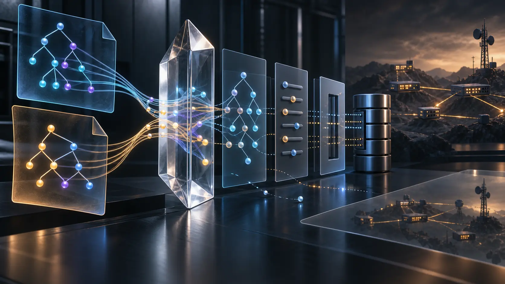 Two translucent structured documents meet at a glass comparison plane, while distinct semantic and network-state layers continue beyond it.