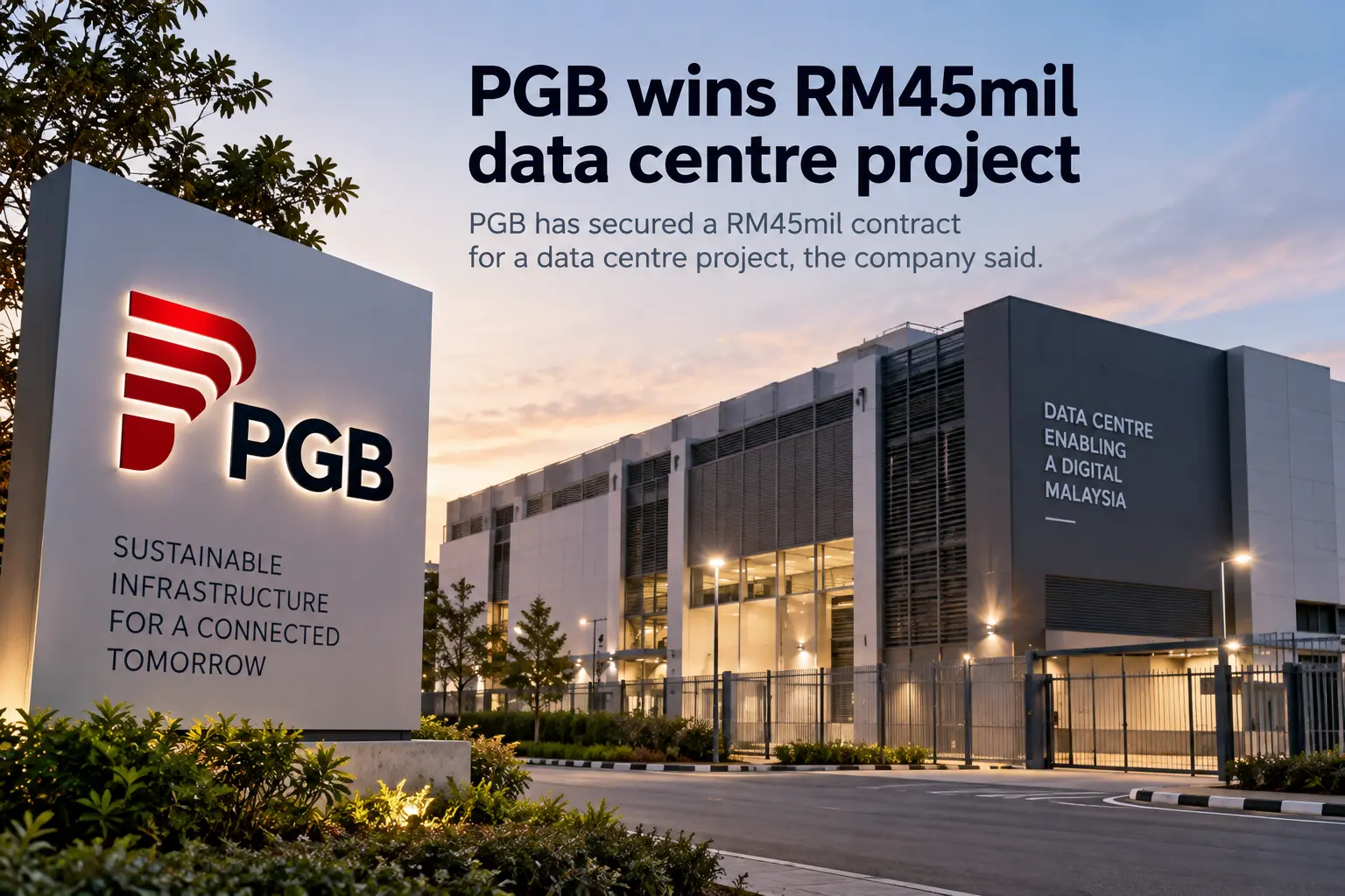 Editorial illustration showing a PGB-branded sign beside a modern data centre, with a headline about a RM45 million data centre project.