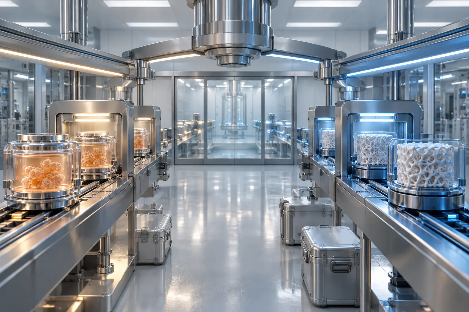 Two parallel clean-room lines carry sealed amber cell-like clusters and white porous implant scaffolds toward a closed validation chamber under one shared structure.