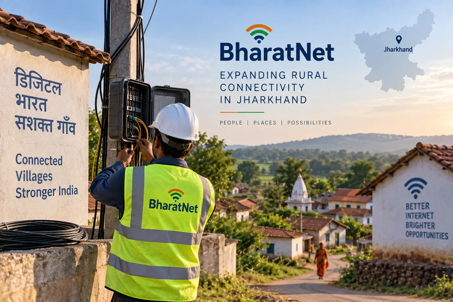 BharatNet technician installing fibre infrastructure in a rural Jharkhand village, illustrating the state’s expanded broadband rollout.