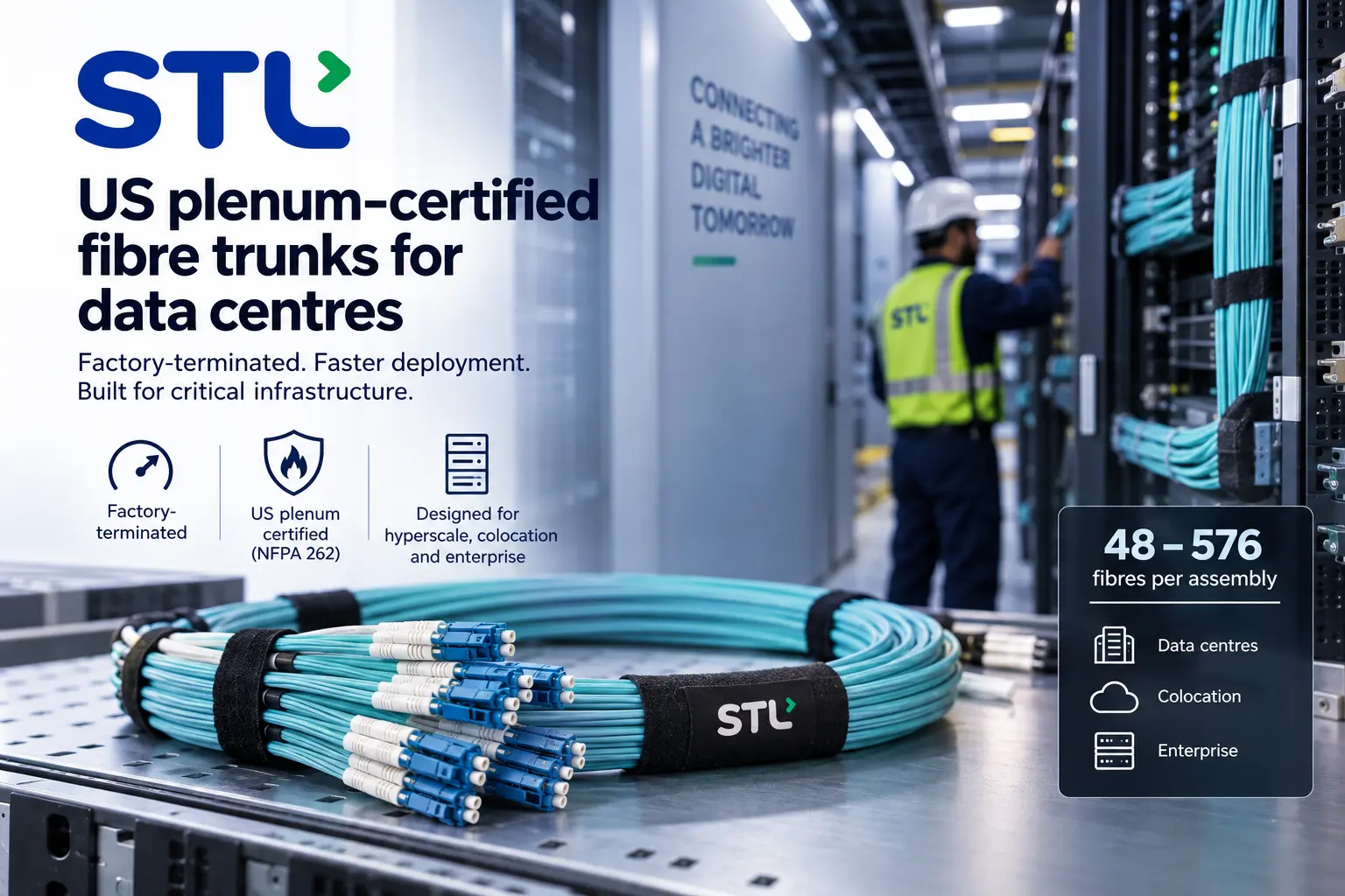 AI-generated editorial illustration of STL pre-terminated fibre trunk assemblies for indoor data-centre cabling