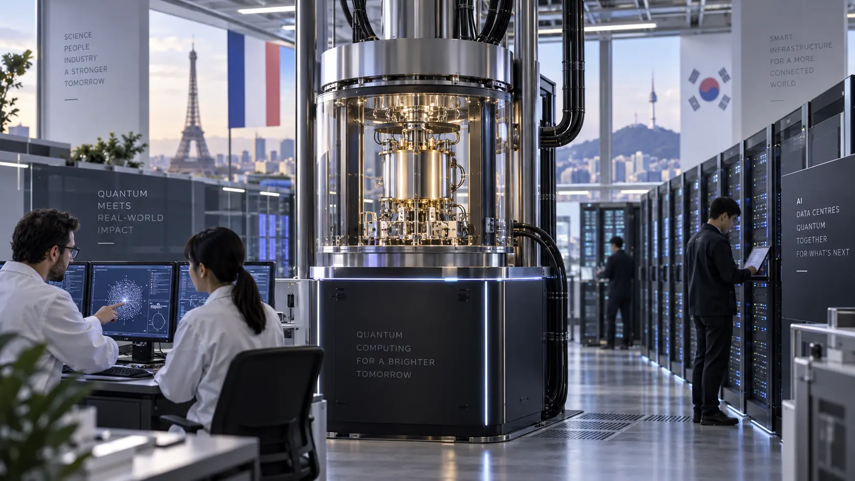 uantum computing system integrated with AI data-centre infrastructure, illustrating the Pasqal and LG CNS partnership.