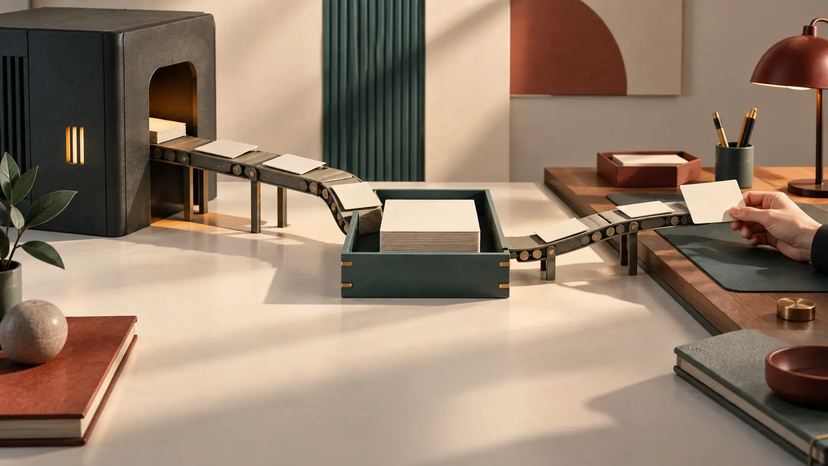 A dark cabinet feeds blank cards along a small paper track beside a bounded work tray, while an anonymous hand holds one card at a review desk.