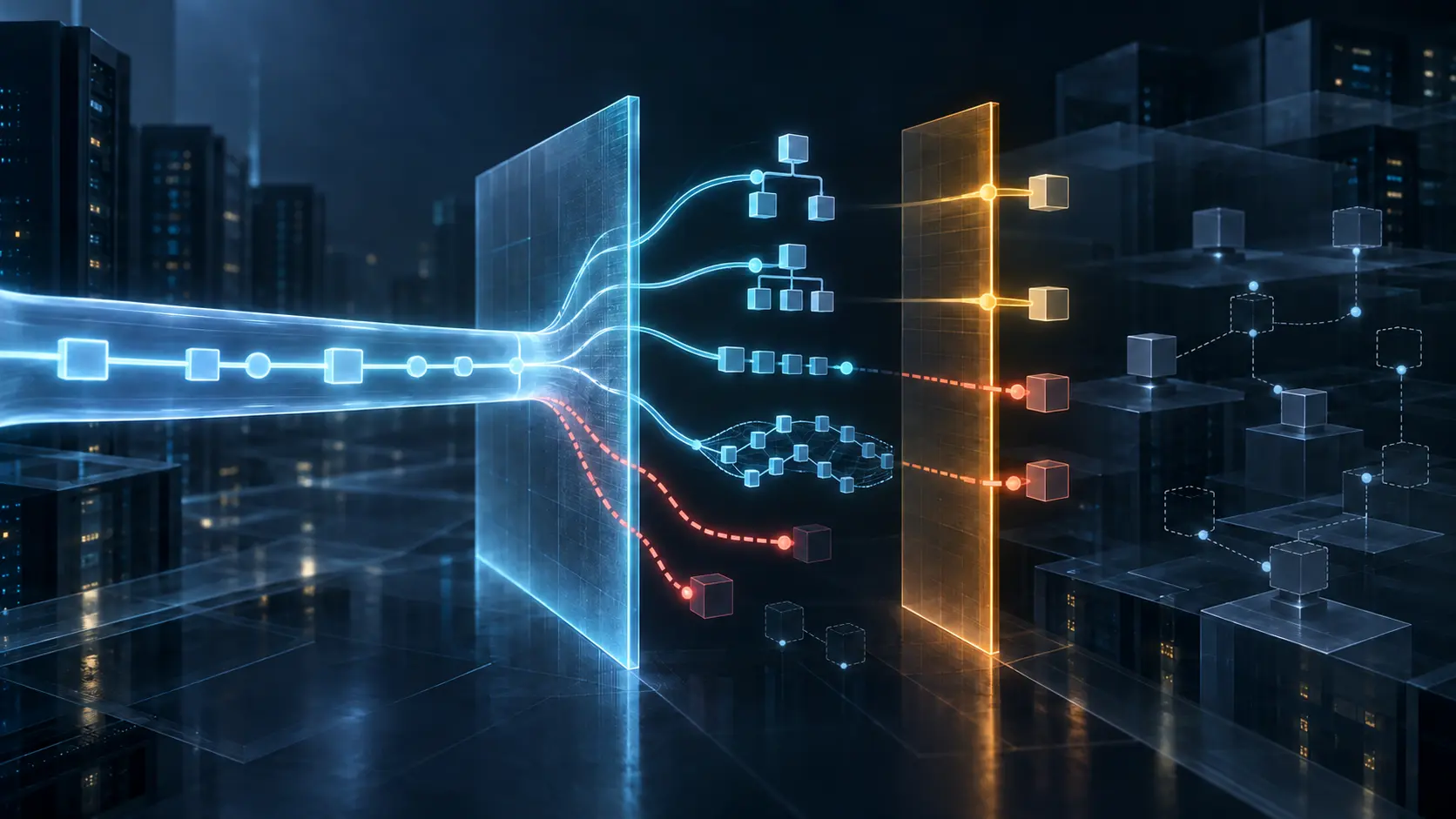 A luminous path crosses a blue parsing plane, expands into bounded node candidates, and then meets a separate amber authorization boundary.