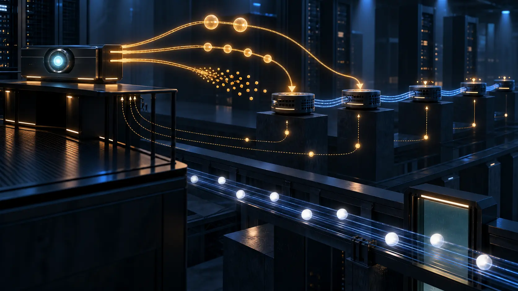 A central amber mechanism issues commands into a branching blue network while separate physical checkpoints verify route state and packet passage.