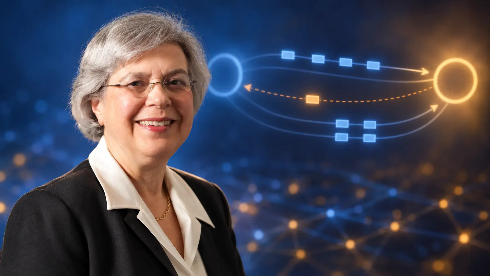 AI editorial portrait of Karen Sollins beside an abstract two-node TFTP exchange in which a delayed acknowledgement produces paired packet paths