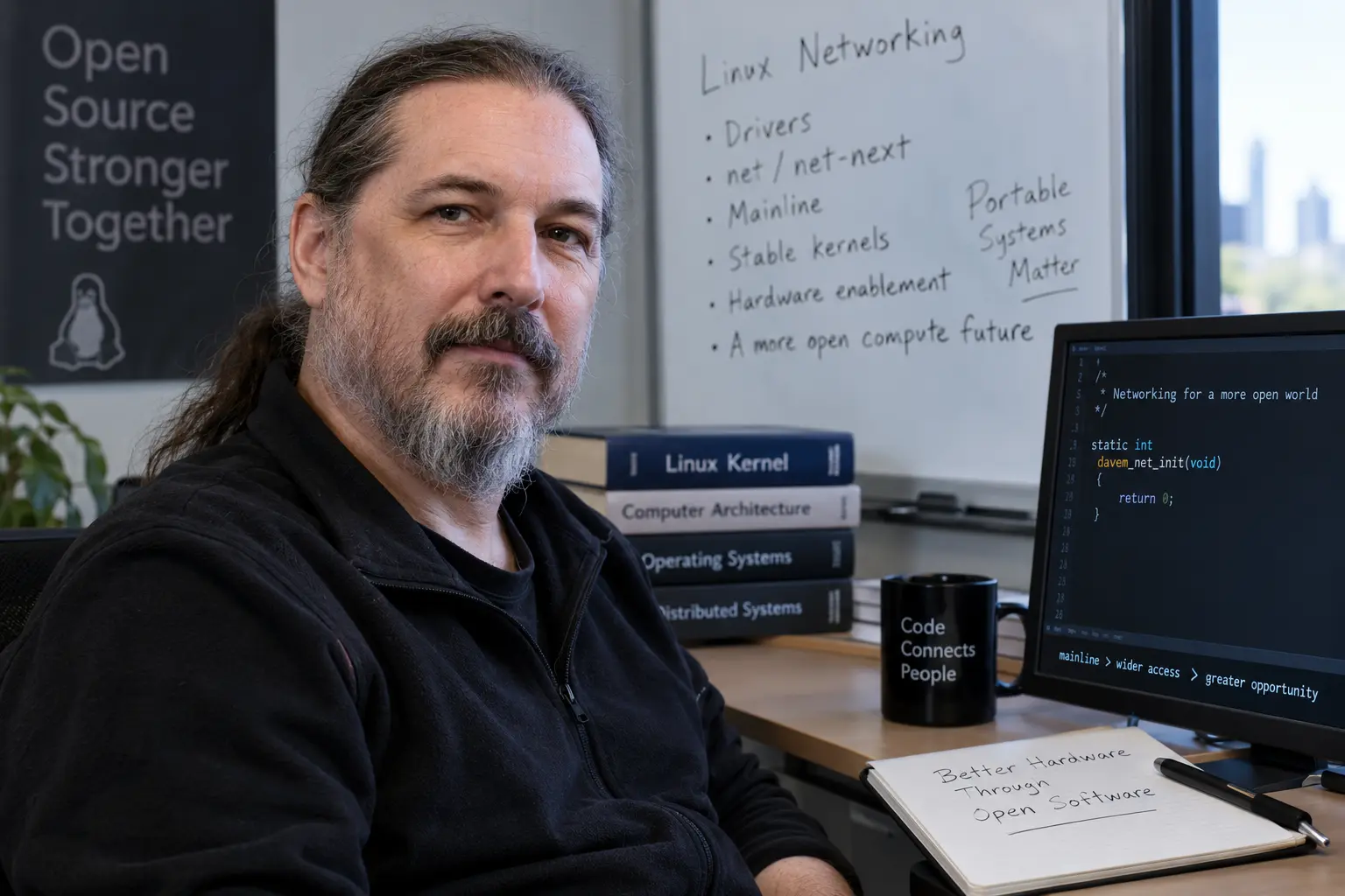 Editorial illustration of a Linux networking engineer at a workstation with kernel code, networking diagrams and open-source development references.