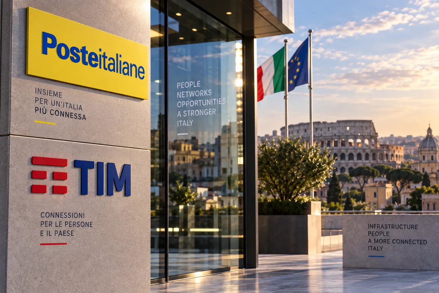 Editorial illustration showing Poste Italiane and TIM branding against a Rome cityscape, representing Poste’s expected majority ownership of TIM