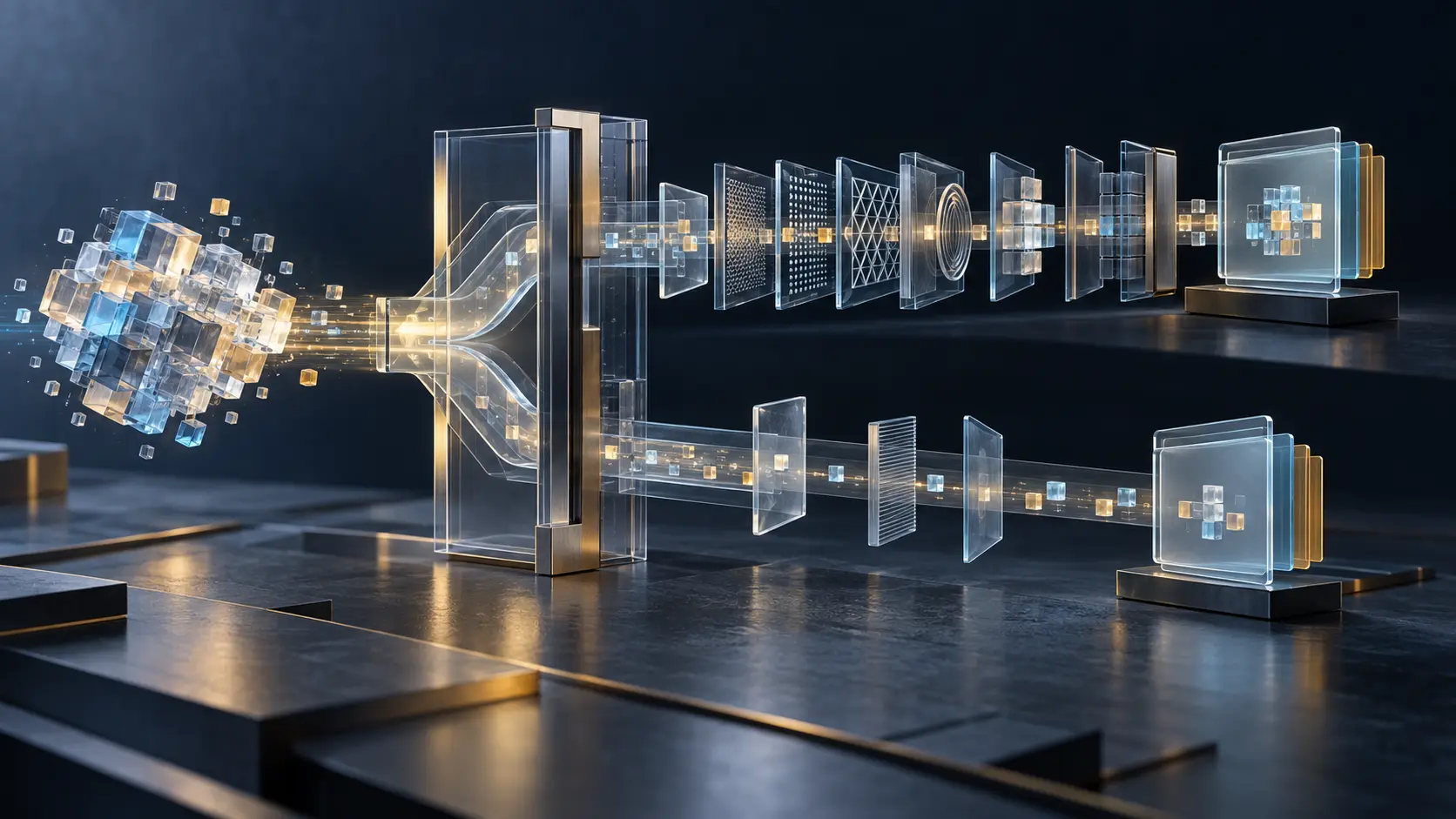 An irregular cluster of glass data nodes splits into a dense constraint path and a sparse candidate path inside a layered validation chamber.