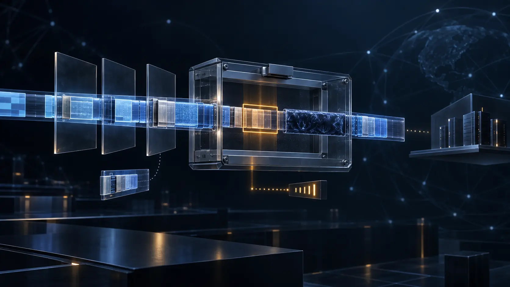 A luminous packet ribbon crosses layered offset planes, an amber byte window and an opaque encrypted section before a detached counter and distant service plane.