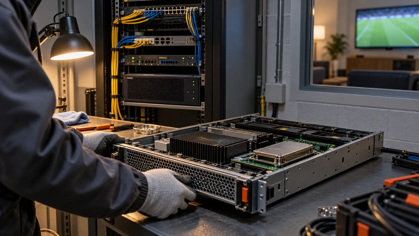 An anonymous technician holds an open server tray in a compact network room, with an existing equipment cabinet and a separate television demonstration area behind.