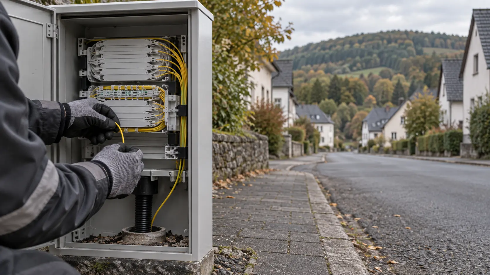 A gloved technician checks a passive fibre cabinet with an incoming duct beside a quiet street of slate-roofed houses and wooded hills.