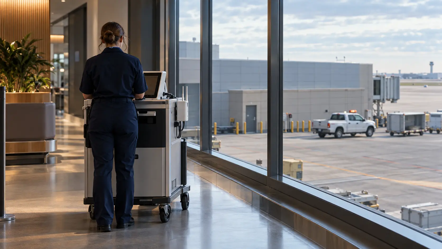An airport worker operates an untethered mobile terminal beside windows overlooking a maintenance vehicle and service apron.
