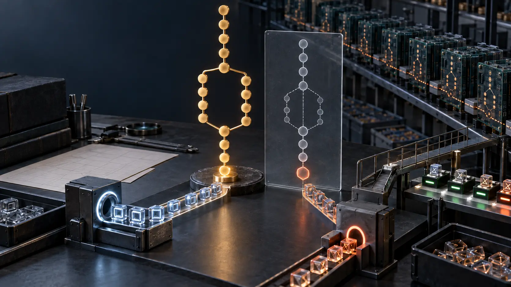 Wordless editorial illustration of a long brass registry branch diverging from a shorter translucent schema path while glass tokens meet compatible and incompatible test gates.