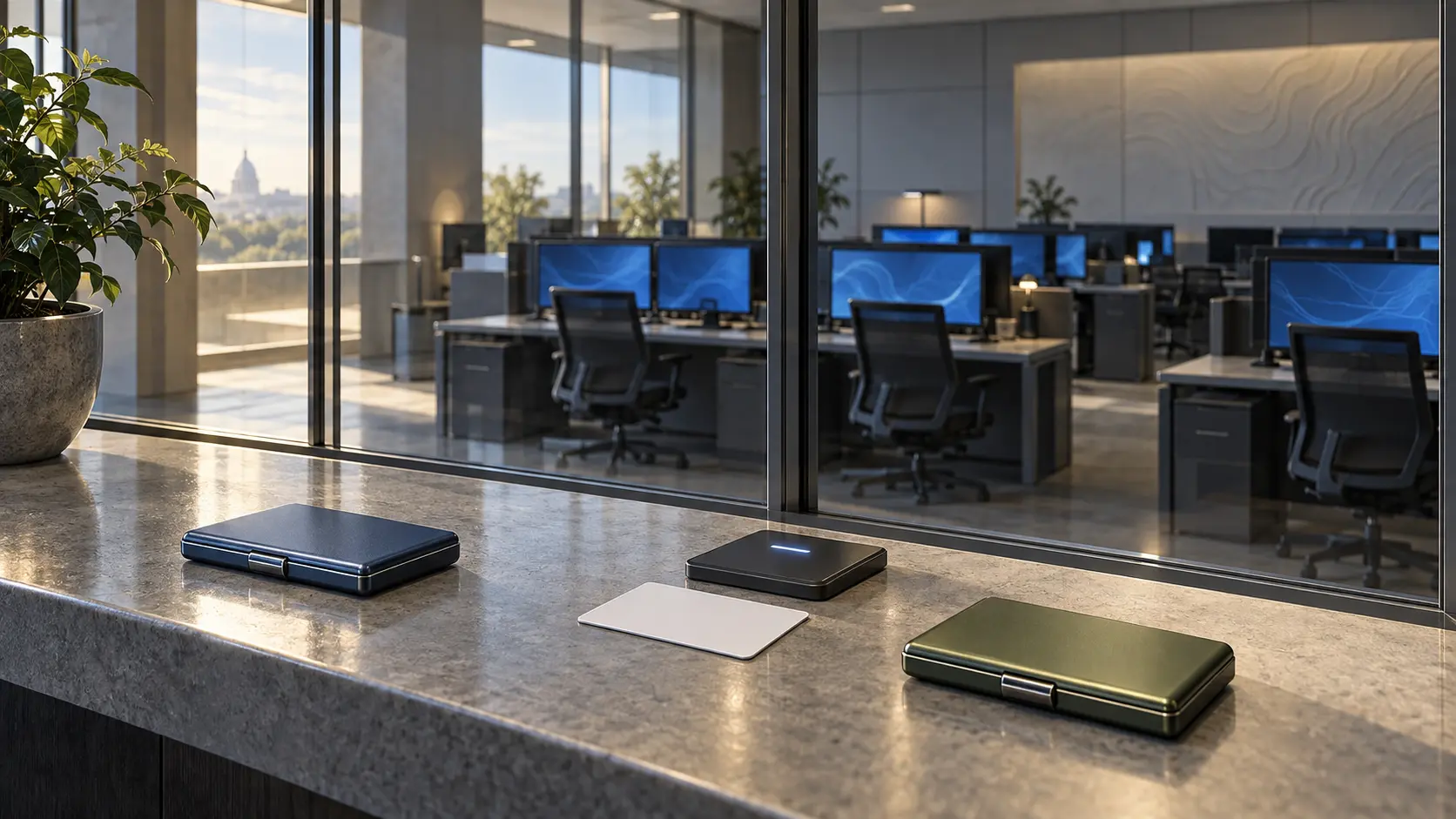 Separated access-badge cases beside a working fictional federal IT service room illustrate a pending ownership transition and continuing delivery responsibilities.