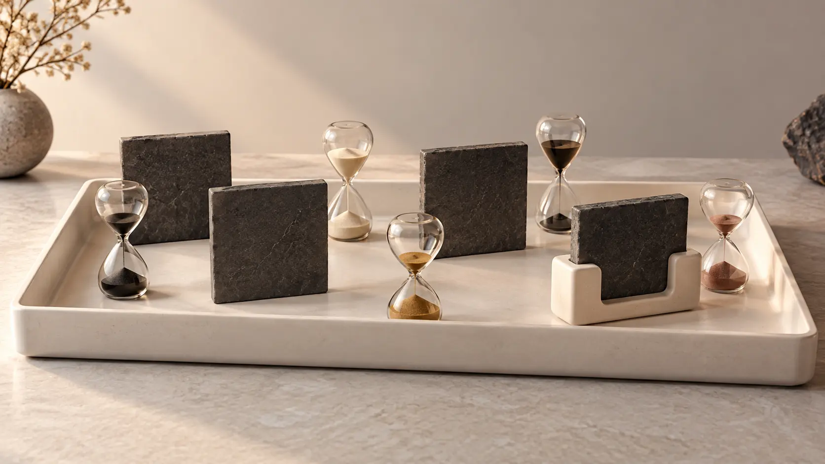 Blank archival tiles share one tray beside hourglasses at different stages,with one tile held separately by a ceramic clasp.