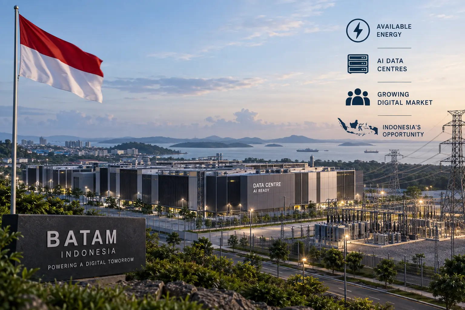 AI-generated editorial illustration of a large data-centre campus in Batam, Indonesia, connected to substations and transmission infrastructure beside the coast.