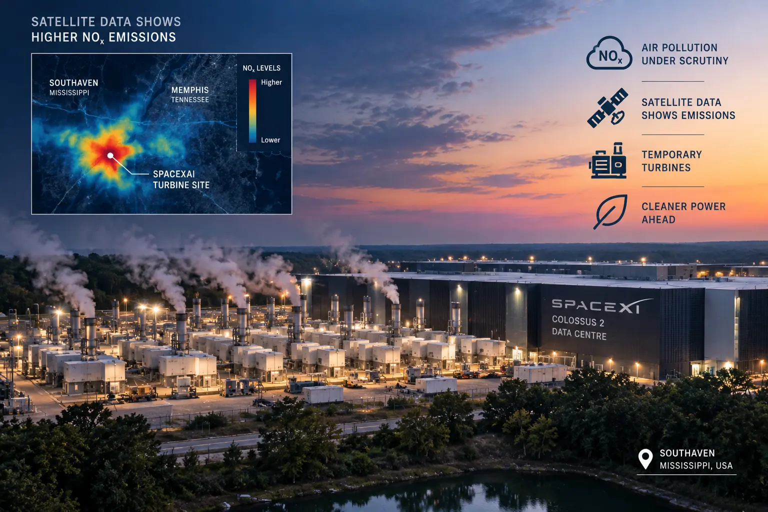 AI-generated editorial illustration of a SpaceXAI data-centre power site in Southaven, Mississippi, with gas turbines, emissions plumes and a satellite NOx monitoring graphic.