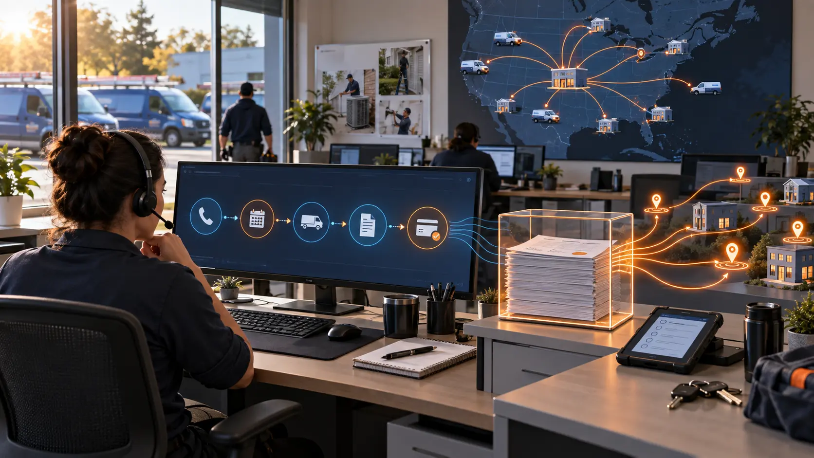 A home-services dispatcher connects field-service locations and usage flows beyond a bounded stack of contracts.