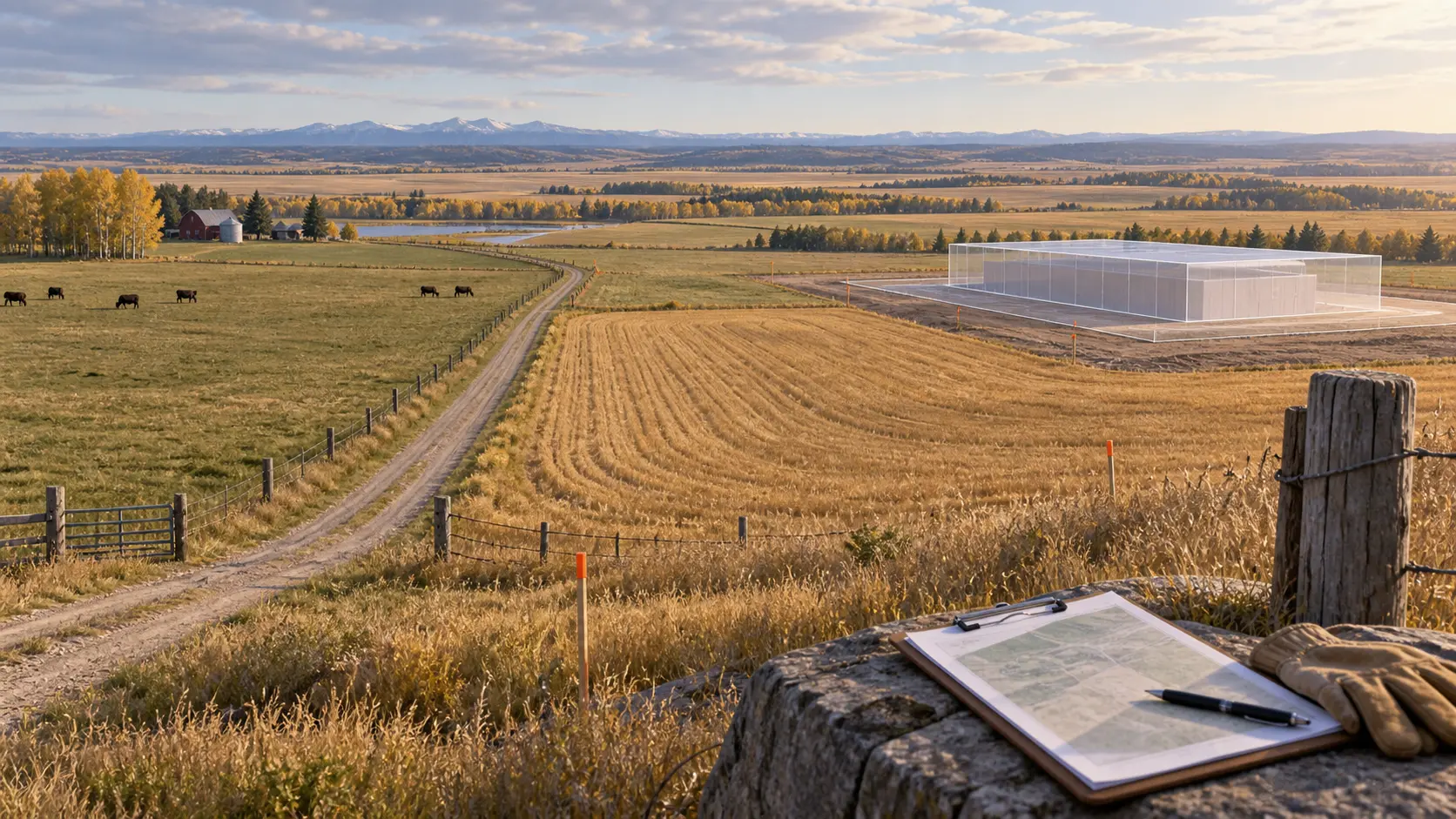 Conceptual data-centre study volume beside connected agricultural fields and a continuous farm access track.