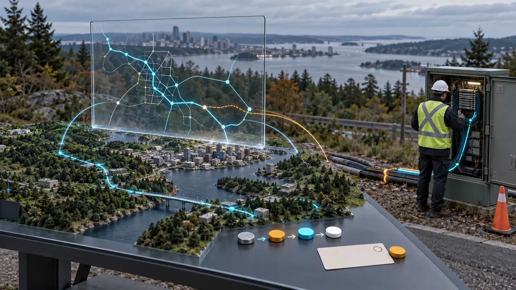 A field technician at a fibre cabinet feeds a changed route, capacity-state tokens and an exception record back into a transparent network map.