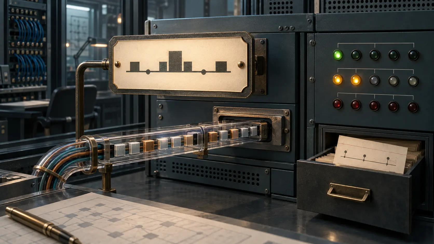 A display plaque sits above a separate channel of header-byte blocks, beside independent state lamps and an archive drawer.