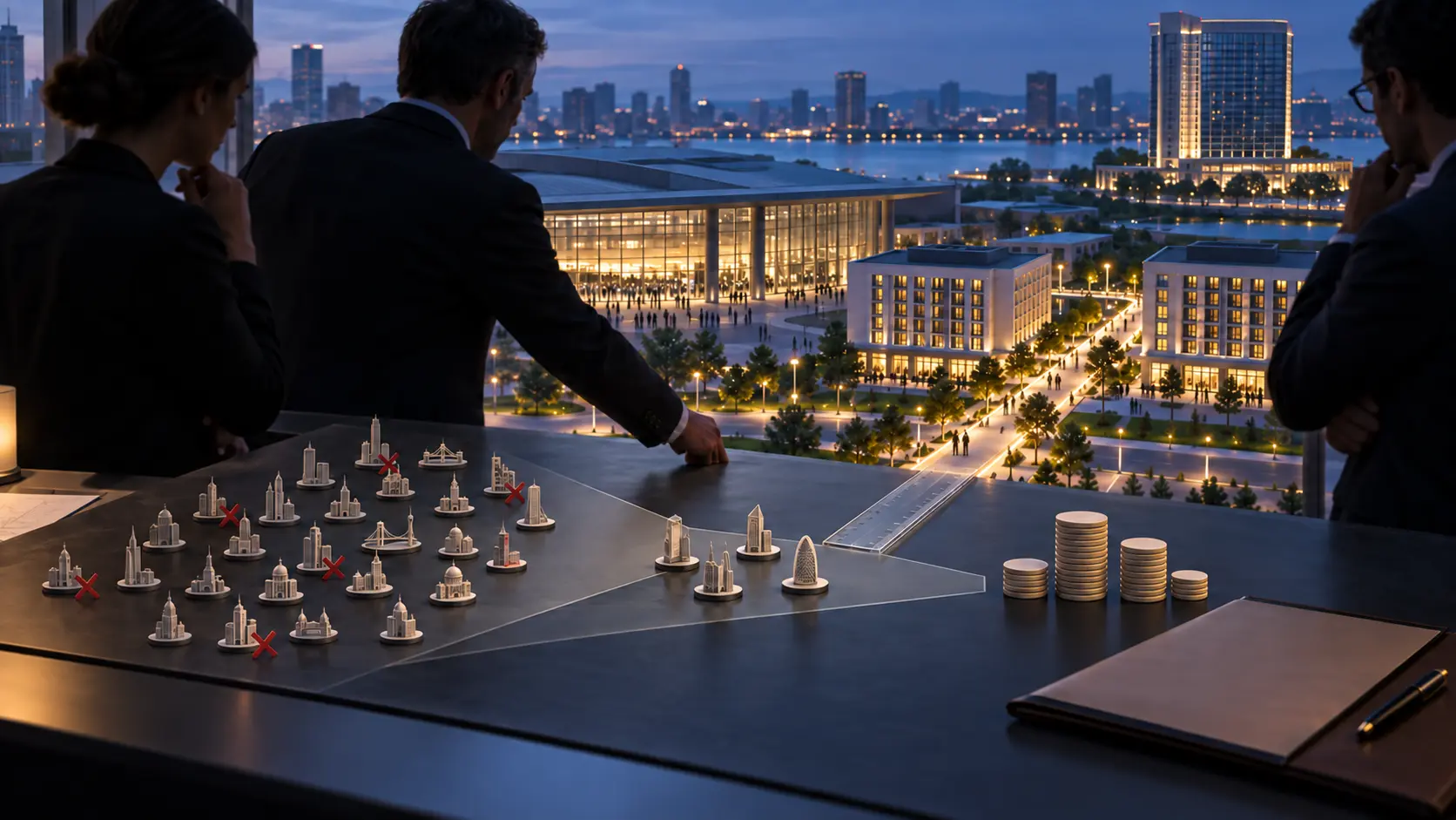 An editorial planning table narrows a field of candidate cities beside a measured, illuminated walk linking a convention centre and nearby hotels, with room-demand tokens and an unsigned contract.