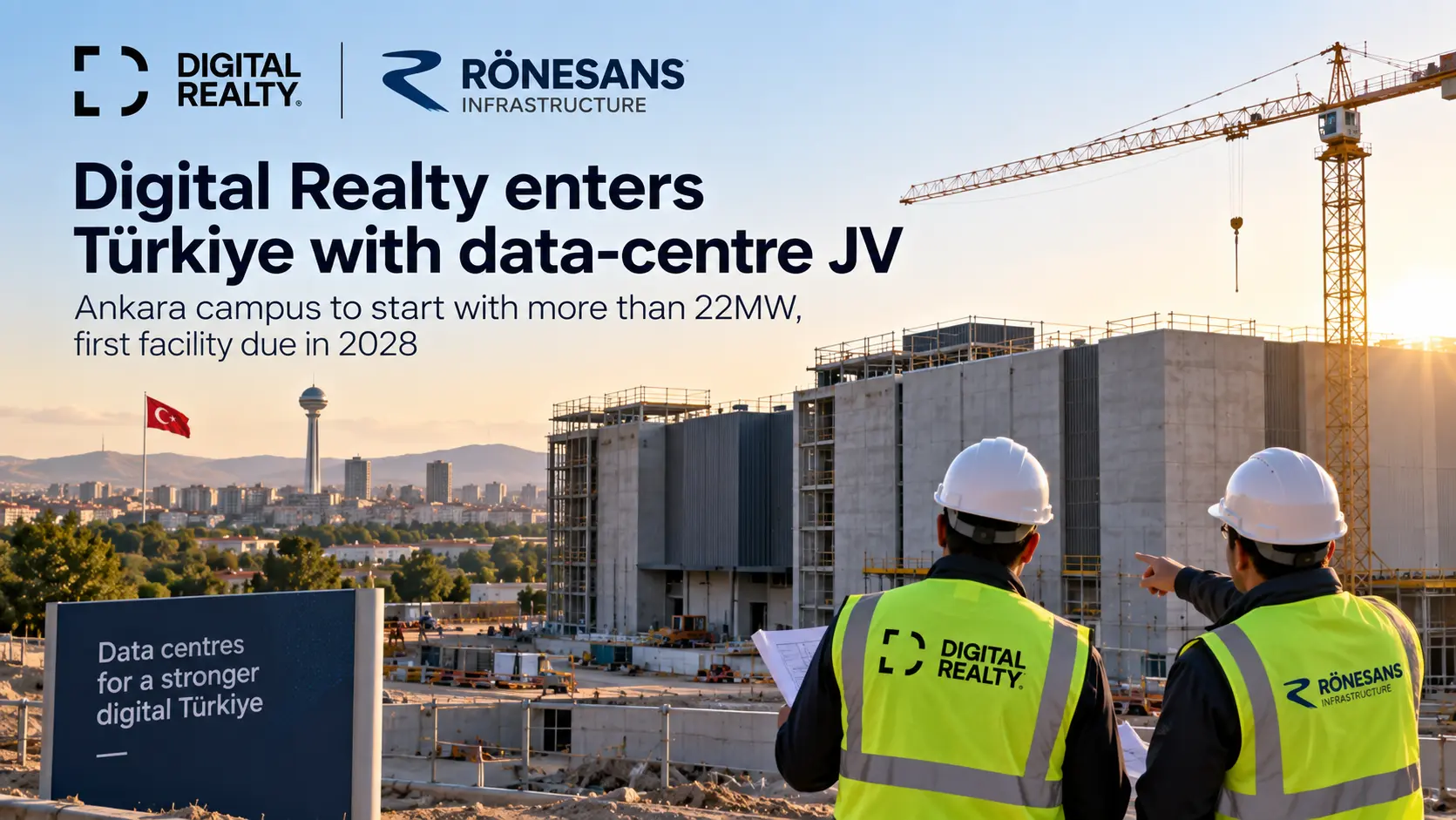 Editorial illustration of a Digital Realty and Rönesans data-centre development in Ankara, Türkiye