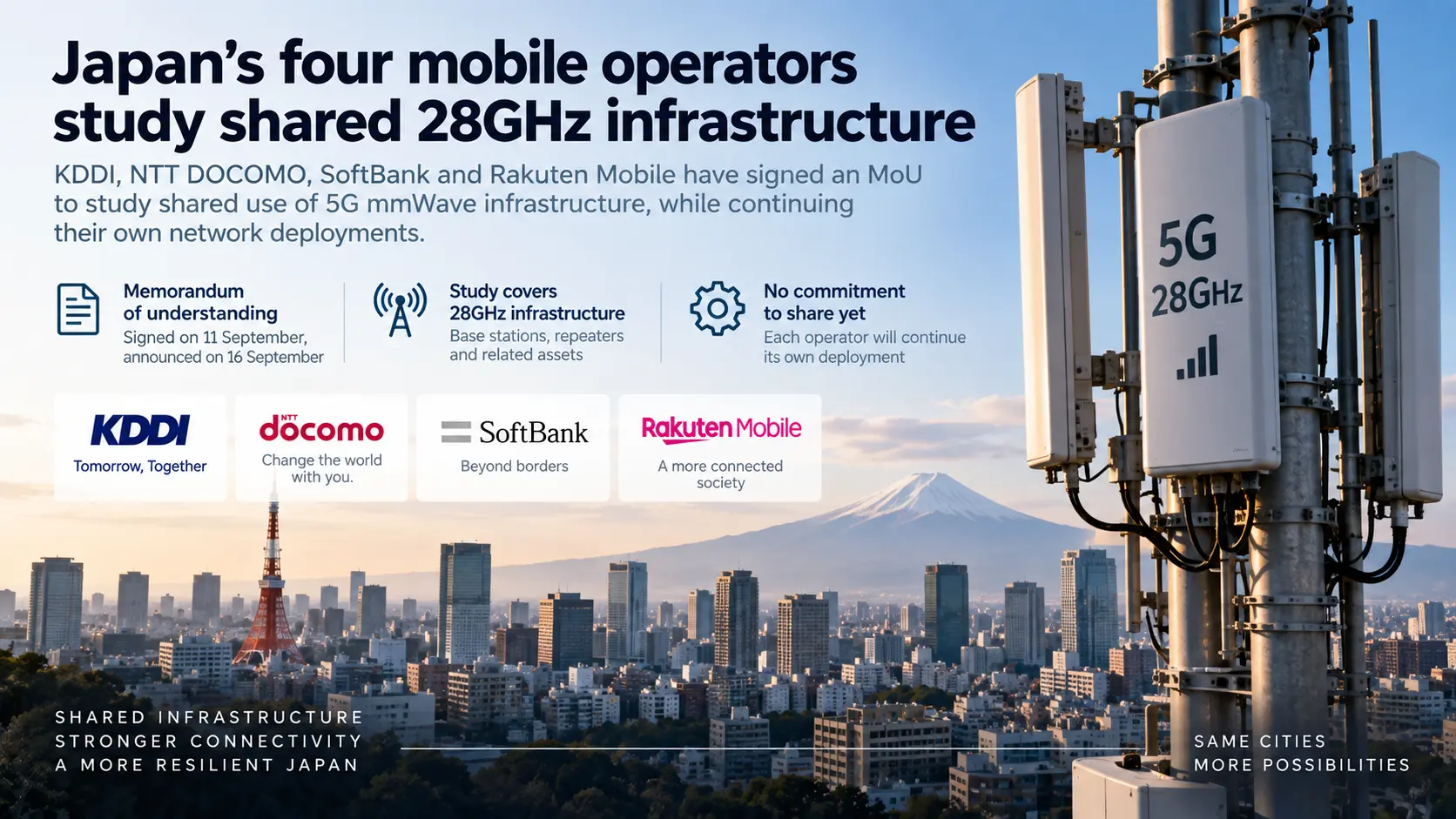Editorial illustration of 28GHz 5G infrastructure in Japan with KDDI, NTT DOCOMO, SoftBank and Rakuten Mobile