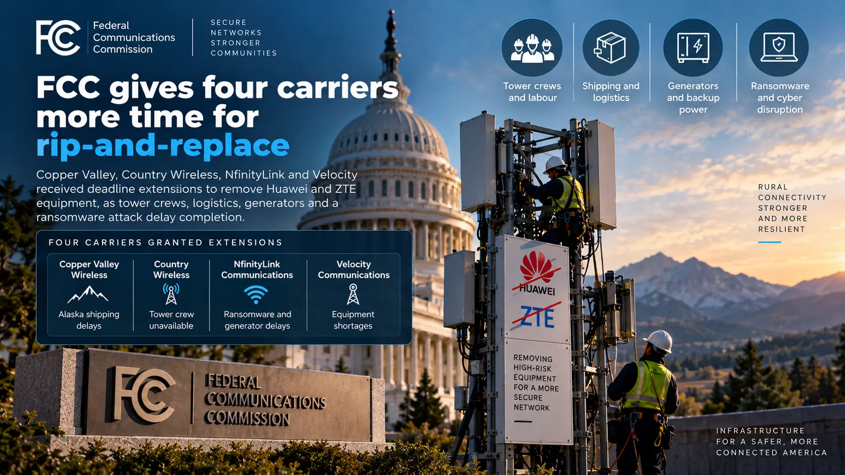 Editorial illustration of FCC rip-and-replace work involving Huawei and ZTE equipment at a US telecom site