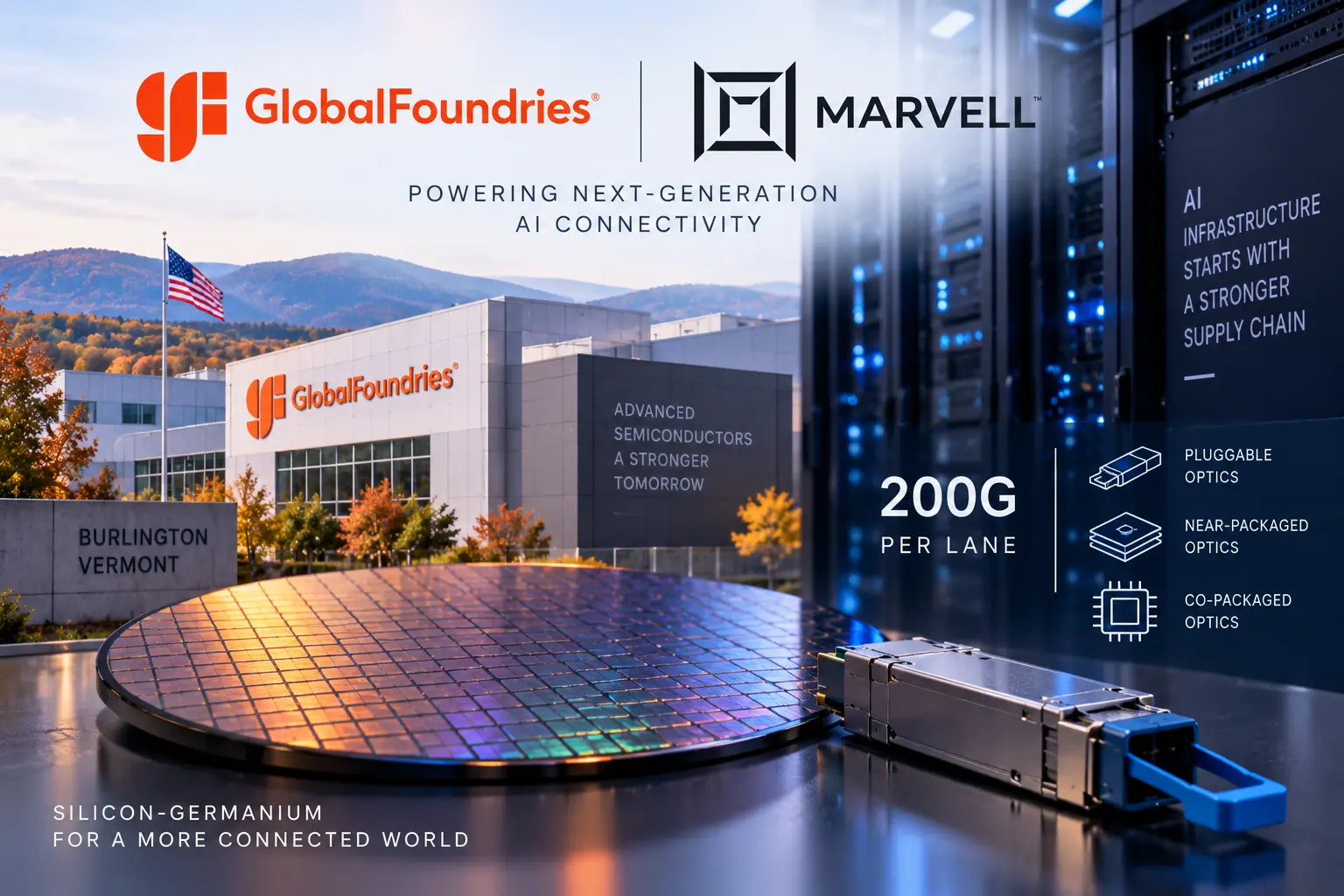 Editorial illustration of GlobalFoundries and Marvell with a Vermont semiconductor fab, silicon wafer, optical transceiver and 200G-per-lane AI networking graphics.