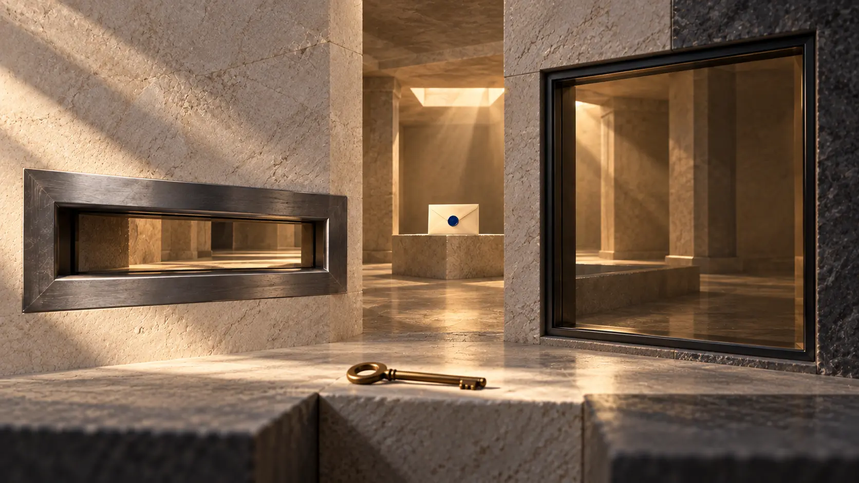 Two different access frames open toward one archive chamber containing a single sealed envelope; a brass key rests on the foreground threshold.