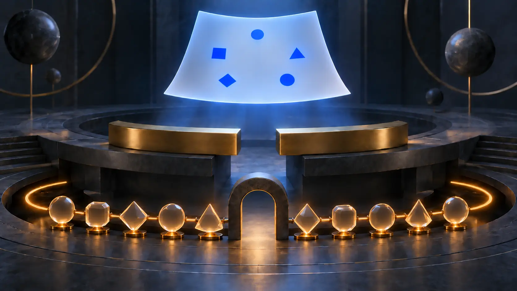 A luminous five-mark guidance sheet hovers above a broken adoption bridge while ten blank evidence tokens pass around an empty verification arch.