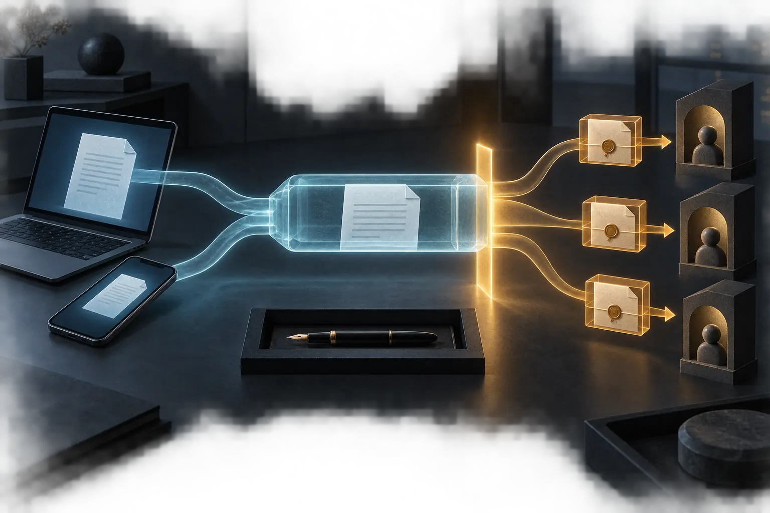 An author-only encrypted draft moves between a laptop and phone before crossing a distinct send boundary toward recipients, while the ordinary signing instrument remains separate.