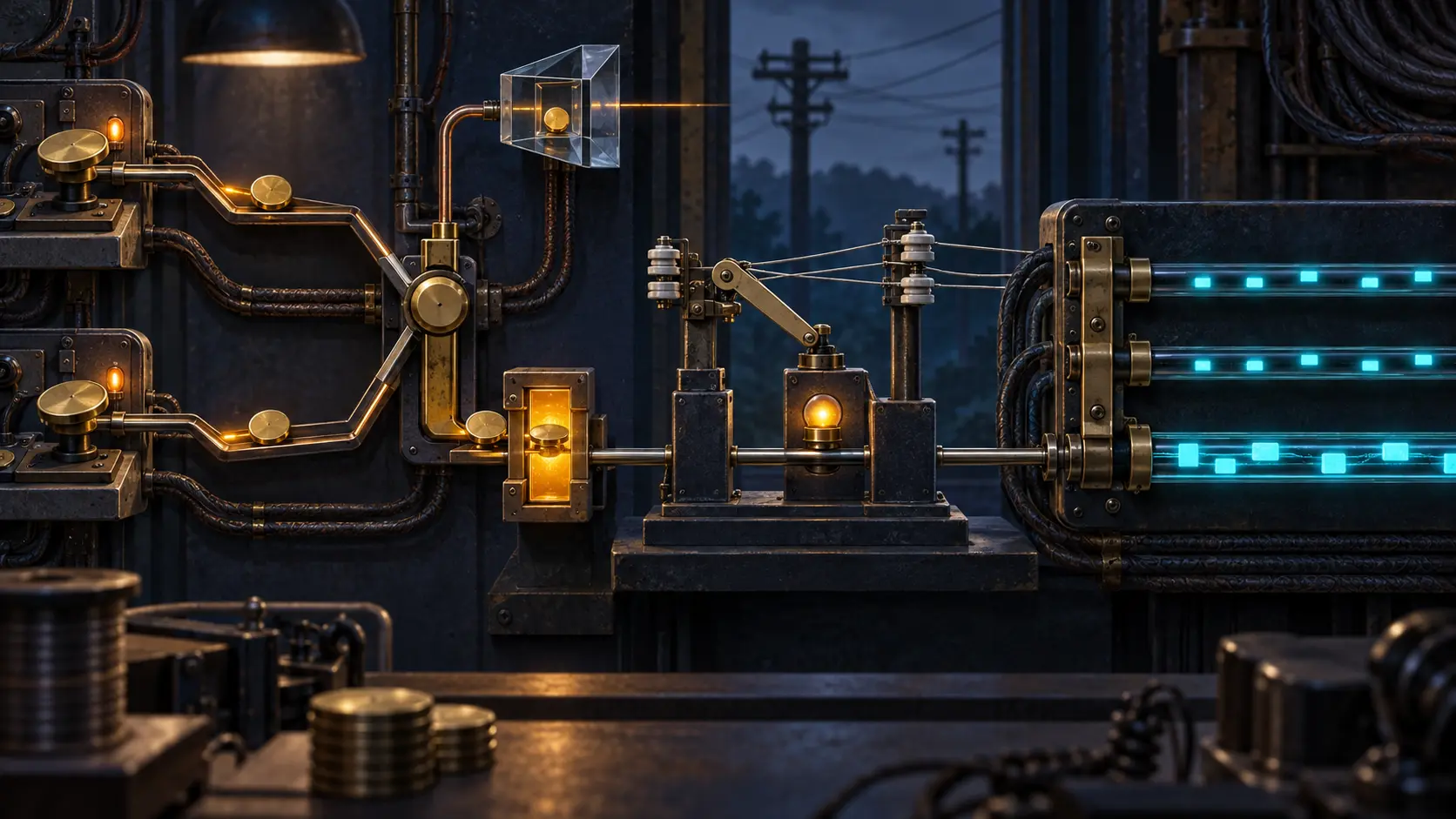 Two peer consoles feed brass tokens into a race mechanism and permission gate, followed by a separate relay call bridge; only the third rail at right carries new cyan packet fragments into the bundle.