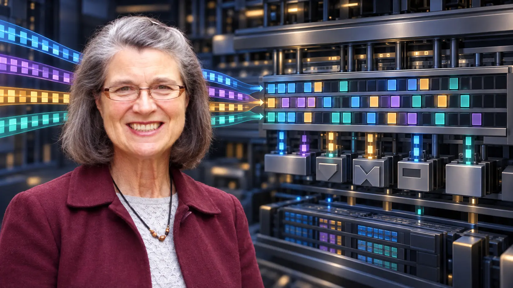 AI editorial portrait of Susan Eggers beside several instruction streams dynamically filling one shared processor core.