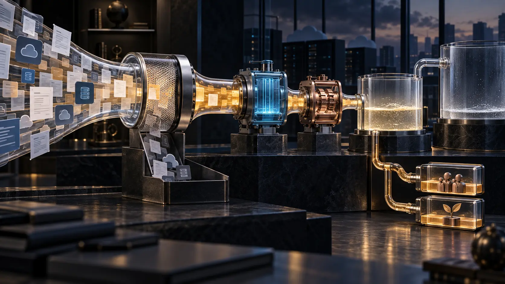 A broad stream of software invoices passes through a reporting filter and technology and bonus gates into a partly filled cash reservoir, beside a later chamber and a separate capital-allocation branch.